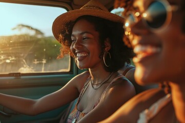 A group of fashionable women, with sun hats and sunglasses, smiling and enjoying the outdoor scenery while driving under the bright blue sky