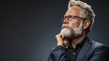 Obraz premium Senior businessman in glasses looking away, isolated on grey background with copy space