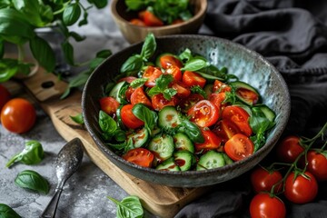 Indulge in a vibrant, plant-based feast as you gather around the table, admiring the colorful bowl of wholesome produce bursting with cherry and plum tomatoes, crisp cucumbers, and fragrant basil lea - obrazy, fototapety, plakaty