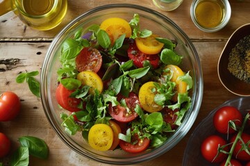 Vibrant and nourishing, this vegan superfood salad showcases the natural produce of cherry and plum tomatoes and basil, a perfect addition to any vegetarian diet