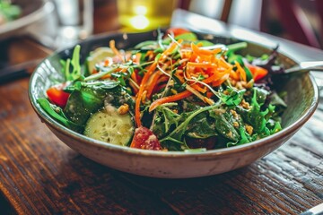 A vibrant and healthy bowl of vegetarian salad, with fresh leafy greens and colorful vegetables, sits on a wooden table, inviting you to savor its delicious and nutritious flavors