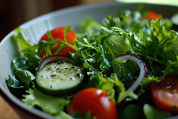 Vibrant and nourishing, this garden-fresh salad boasts a medley of leafy greens, juicy cherry tomatoes, crisp cucumbers, and fragrant herbs, making it the perfect plant-based dish for a refreshing an