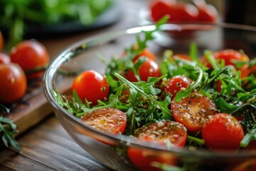 Vibrant, nutrient-packed cherry tomatoes and peppery arugula mingle in a bowl of fresh, vegetarian...