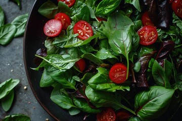 Vibrant greens and juicy reds mingle in this nourishing plate of plant-based goodness, boasting the nutrient-packed superfood of spinach and the refreshing crunch of garden-fresh tomatoes