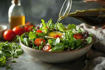 A vibrant mix of fresh leafy greens and juicy tomatoes dressed in a tangy sauce, enticingly poured...