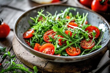 Vibrant and nutritious, this plant-based bowl of leafy greens, juicy cherry and plum tomatoes is a feast for the eyes and a boost for the body