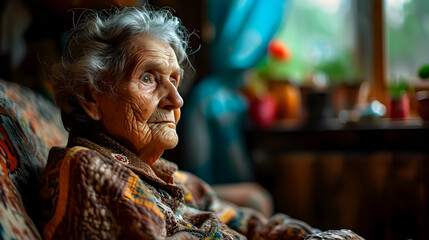 Profile portrait of an elderly woman	in a nursing home
 - obrazy, fototapety, plakaty