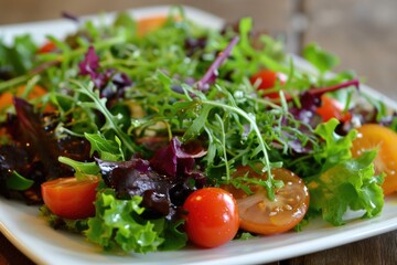 Vibrant produce from the garden, bursting with healthy greens and juicy tomatoes, elegantly...