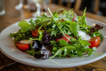 Fresh and vibrant, a garden salad brimming with leafy greens and juicy tomatoes sits atop a crisp white plate, a colorful and healthy dish perfect for any meal