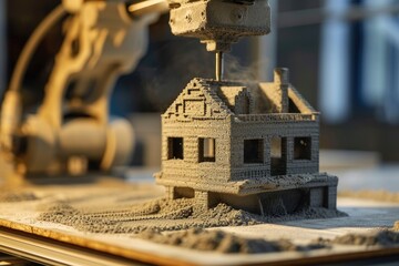 A tiny replica of a home sits atop a machine, symbolizing the power of construction and the endless...