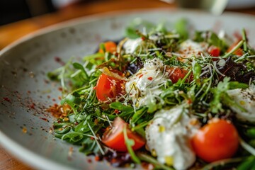 Fresh produce from the garden fills a colorful bowl of spinach and cherry tomatoes, topped with crumbled cheese and a sprinkle of parsley in this delicious vegetarian greek salad
