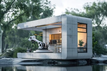 A quaint house nestled among the trees overlooks a serene lake, with a majestic statue and...