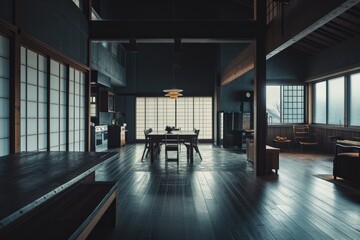 A minimalist hall with shoji windows, a wooden table, and natural daylighting, exuding a sense of calm and balance in its interior design