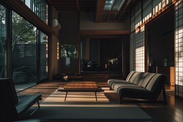 Cozy and modern studio living room with a sleek couch and coffee table, inviting natural light through the large window