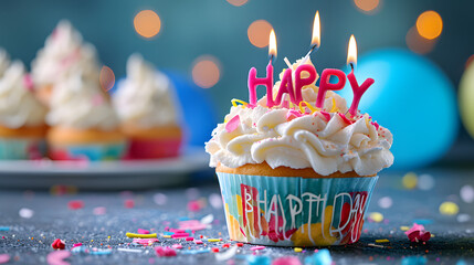Indulge in the sugary delight of a decorated cupcake, adorned with colorful candles and sweet toppings, perfect for any birthday celebration