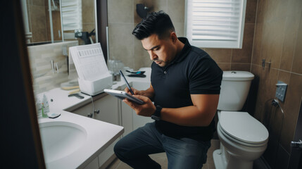 A skilled plumber finalizes client's invoice digitally on his device.