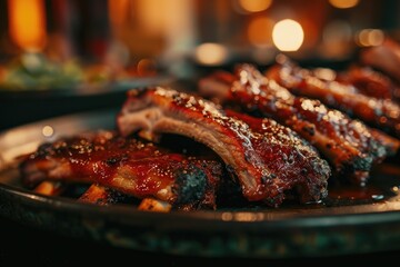 Indulge in the succulent flavors of a perfectly cooked plate of ribs, slathered in a rich red sauce and sizzling with the essence of indoor barbecuing - obrazy, fototapety, plakaty