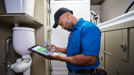 A young plumber using a tablet to invoice a client.