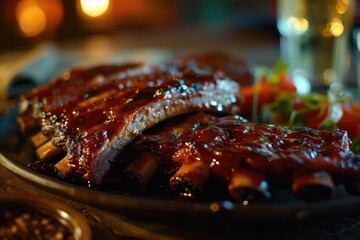 Indulge in the succulent flavors of a juicy teriyaki barbecue rib dish, as the vibrant red sauce drips down the tender meat, creating a mouth-watering indoor dining experience - obrazy, fototapety, plakaty