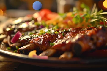 Foto op Canvas Savor the smoky aroma and tender juiciness of perfectly roasted churrasco ribs, adorned with a rich barbecue sauce and a colorful array of grilled vegetables, in this mouthwatering dish fit for any c © ChaoticMind