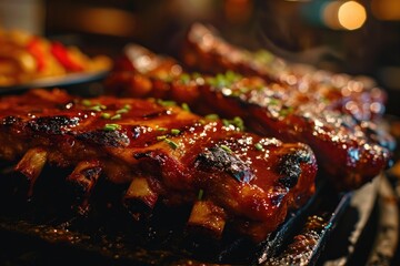 Sizzling pork ribs marinated in a blend of spices, perfectly charred on a grill, evoke the warm and comforting flavors of churrasco and yakiniku cuisine, making your mouth water for a bite of this su - obrazy, fototapety, plakaty