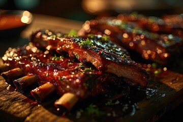 Indulge in a mouth-watering feast of succulent grilled spare ribs, coated in a rich red sauce, served on a rustic wooden platter, evoking the warmth and comfort of a traditional indoor barbecue