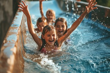 A group of children enjoying a sunny day at the water park, their faces lit up with pure joy as...