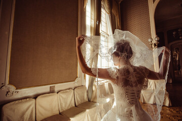 Beauty portrait of bride wearing fashion wedding dress with feathers with luxury delight make-up...
