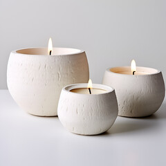White stoneware candles on a white background, candle holders, minimalism, nordic style