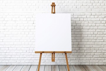 Wooden easel with blank canvas on brick wall background - obrazy, fototapety, plakaty
