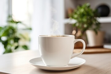 White cup of coffee on kitchen table