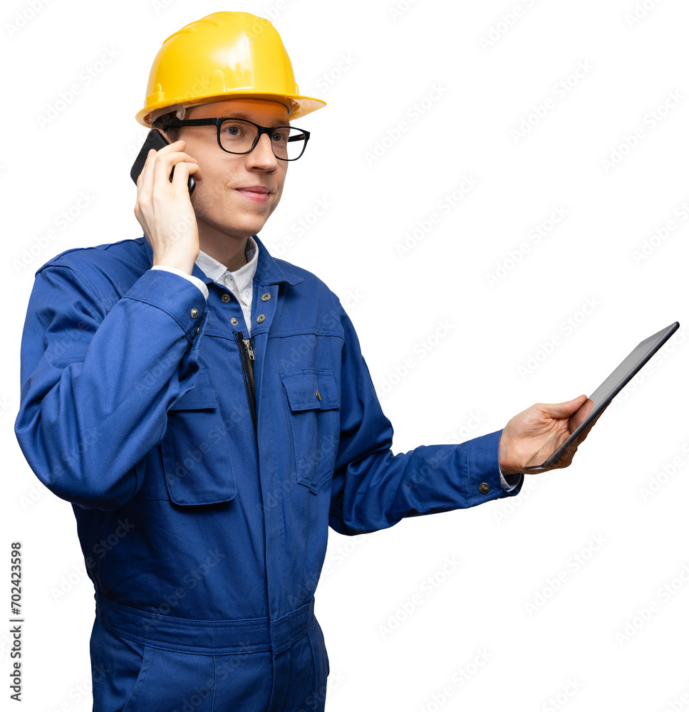 Poster isolated engineer with phone and digital tablet