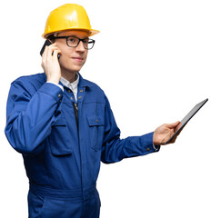 Isolated engineer with phone and digital tablet	