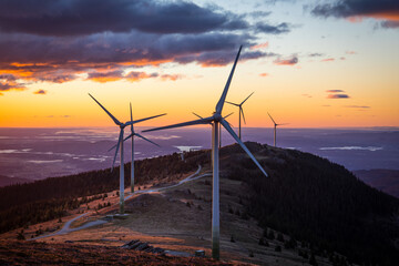 A group of wind power plants early in the morning while sunrise in Austria - obrazy, fototapety, plakaty