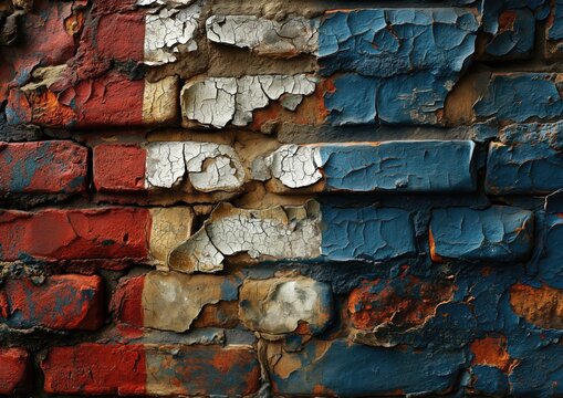 A monochromatic image showcasing the French flag painted on a weathered brick wall, with peeling pai