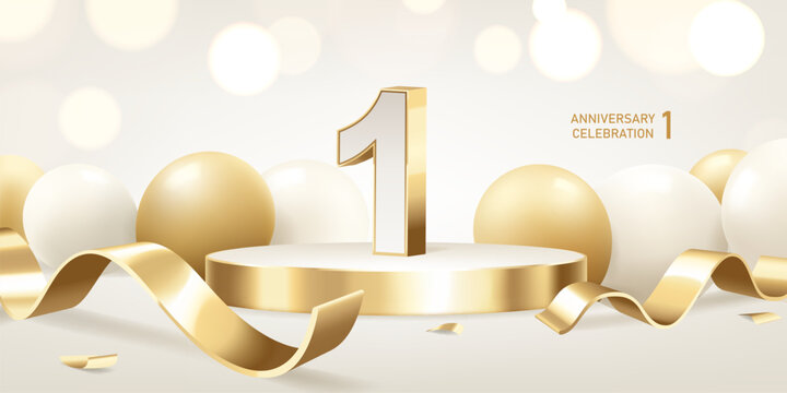 1st Year anniversary celebration background. Golden 3D numbers on round podium with golden ribbons and balloons with bokeh lights in background.
