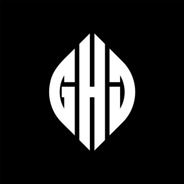 GHJ circle letter logo design with circle and ellipse shape. GHJ ellipse letters with typographic style. The three initials form a circle logo. GHJ Circle Emblem Abstract Monogram Letter Mark Vector.