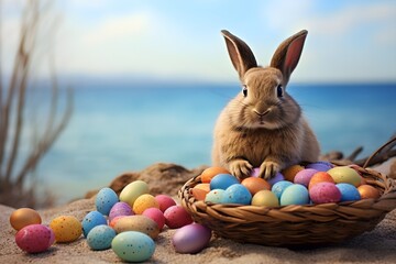 rabbit and easter painted eggs on summer sand beach - obrazy, fototapety, plakaty