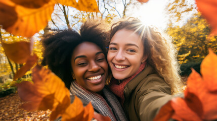 Two best friends taking a selfie with autumn leaves forming a heart shape in the background.