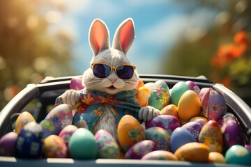 Fototapeta na wymiar easter rabbit with sunglasses and painted eggs looking out from back of a car