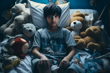 A fifteen year old Asian boy is sick and hospitalised playing with toys in bed