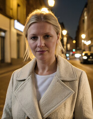Portrait of middle aged blonde caucasian woman on the street