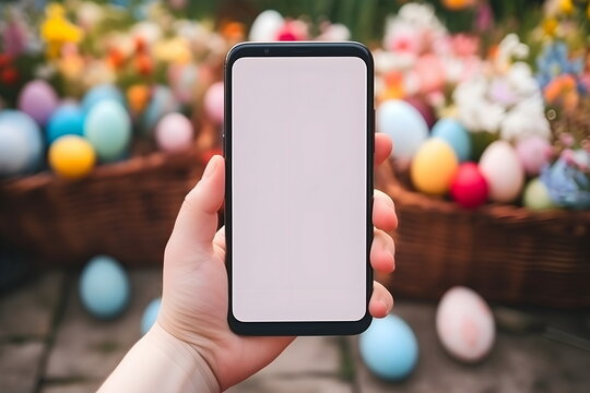 child hand hold blank screen mobile phone on easter background with painted eggs, Generative AI