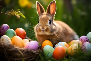 easter rabbit with painted eggs in nature ,Generative AI