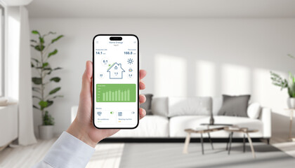 Hand holds phone displaying solar energy app in a cozy living room, effortlessly manage and monitor green power for sustainable living