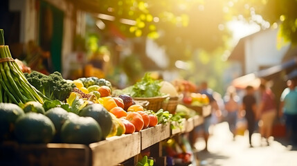 Sunny summer day on a local outdoors city marketplace, where fresh organic vegetables are being sold to customers and buyers. Healthy groceries, vegetarian diet, variety of raw food on a wooden stall - obrazy, fototapety, plakaty