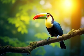 Colorful Toucan Sitting on Lush Jungle Branch with Ample Copy Space for Text or Design Element