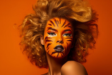 A lady displays vibrant, lion-mane inspired makeup in a vivid, savanna-themed setting.