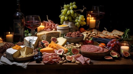A table set with a beautifully arranged cheese and charcuterie board, a feast for the senses