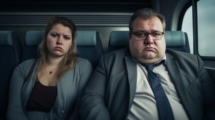 A large and fat couple is sitting in public transport, they have sad and worried faces